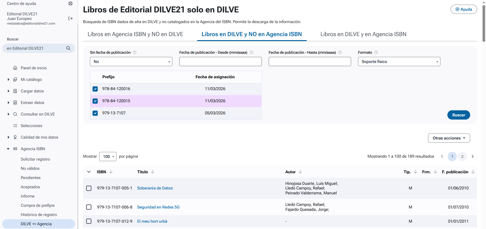 Libros en DILVE y NO en Agencia ISBN