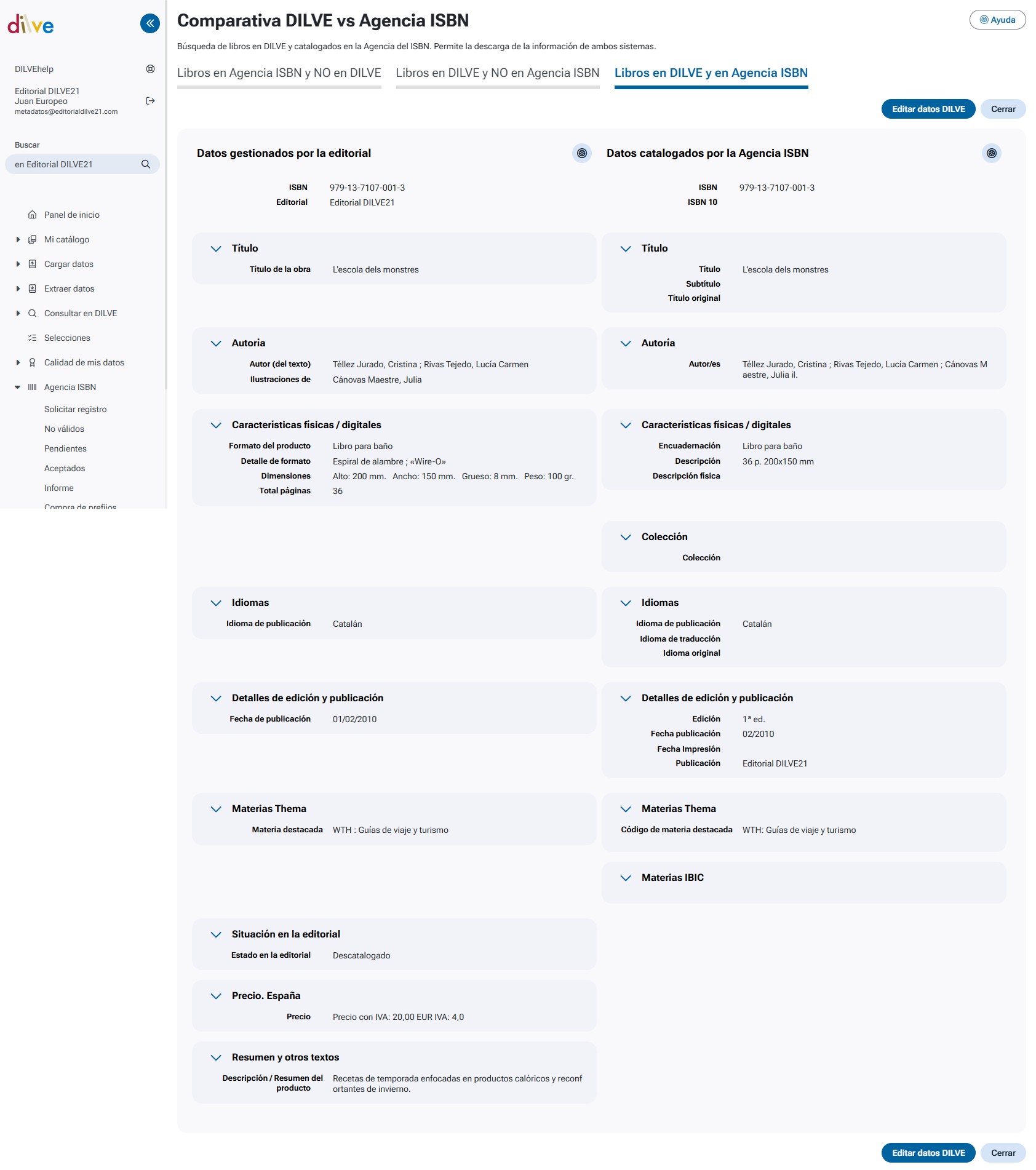 Ficha de datos en DILVE y la Agencia del ISBN