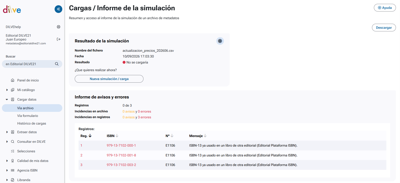 Ejemplo informe de carga en formato HTML