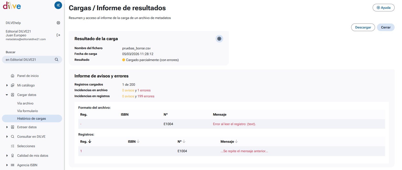 Ejemplo informe de carga en formato HTML