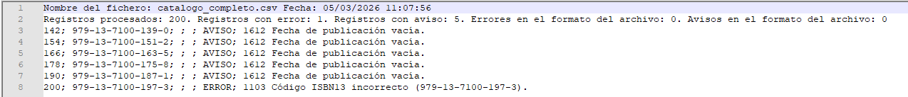 Ejemplo informe de carga en formato TXT