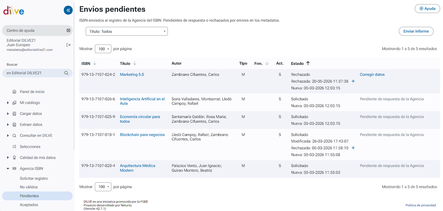 Libros rechazados y pendientes de respuesta en el Registro de la Agencia del ISBN